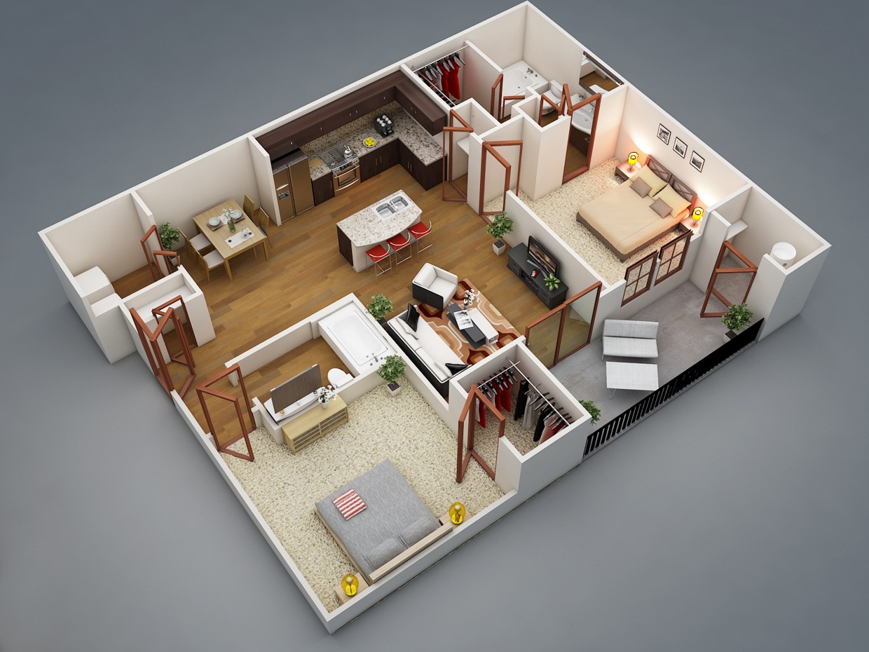 50 Planos de Apartamentos de Dos Dormitorios | Tikinti