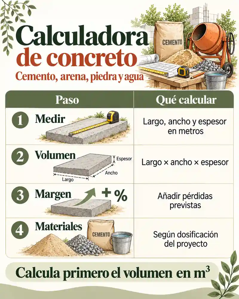 Calculadora de concreto: cemento, arena, piedra y agua
