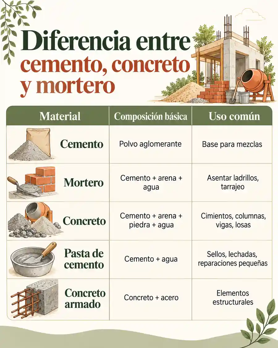 Diferencia entre cemento, concreto y mortero