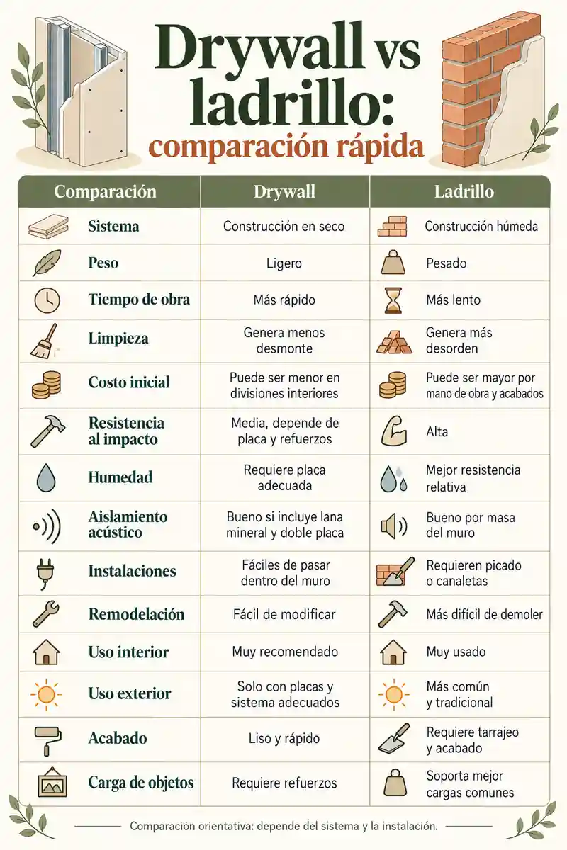 Drywall vs ladrillo: comparación rápida