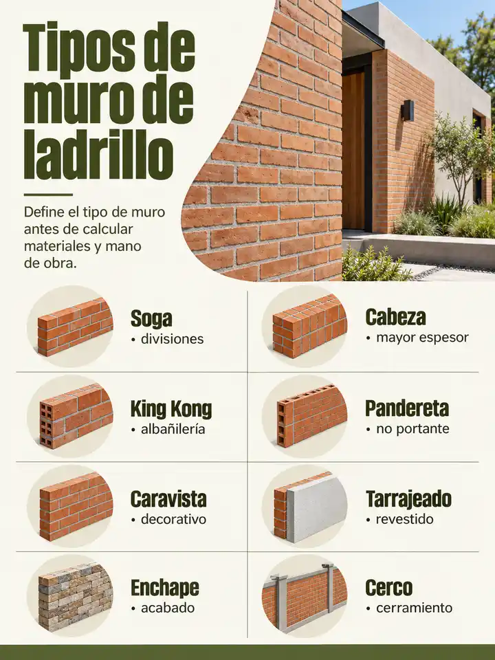 Tipos de muros: soga, cabeza, King Kong, pandereta, caravista, tarrajeado, enchape y cerco.