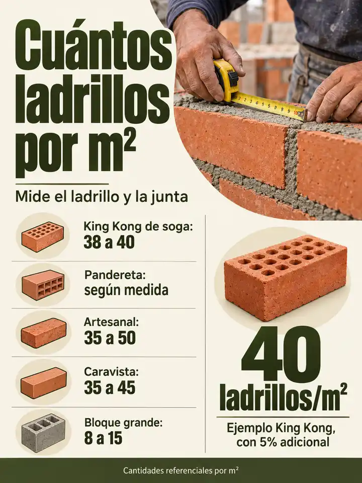 Rendimientos referenciales por m² según el ladrillo; ejemplo King Kong de 40 unidades con 5% adicional.