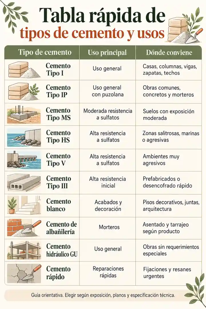 Tabla rápida de tipos de cemento y usos