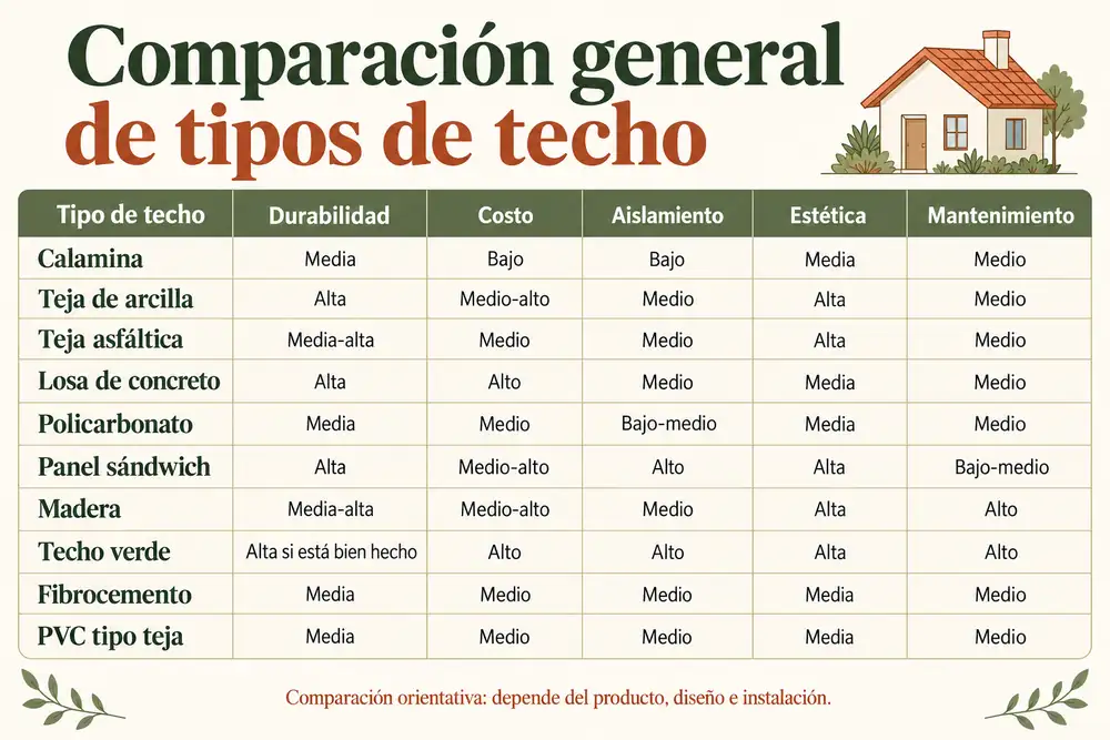 Comparación general de tipos de techo