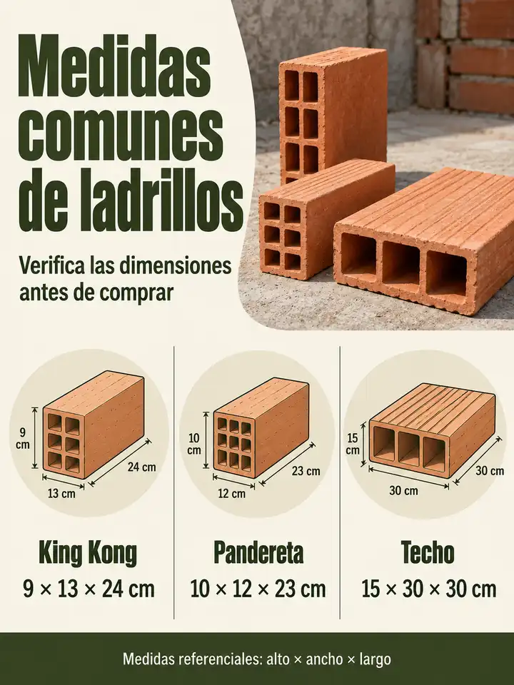 Dimensiones referenciales de ladrillos King Kong, pandereta y techo, en centímetros.