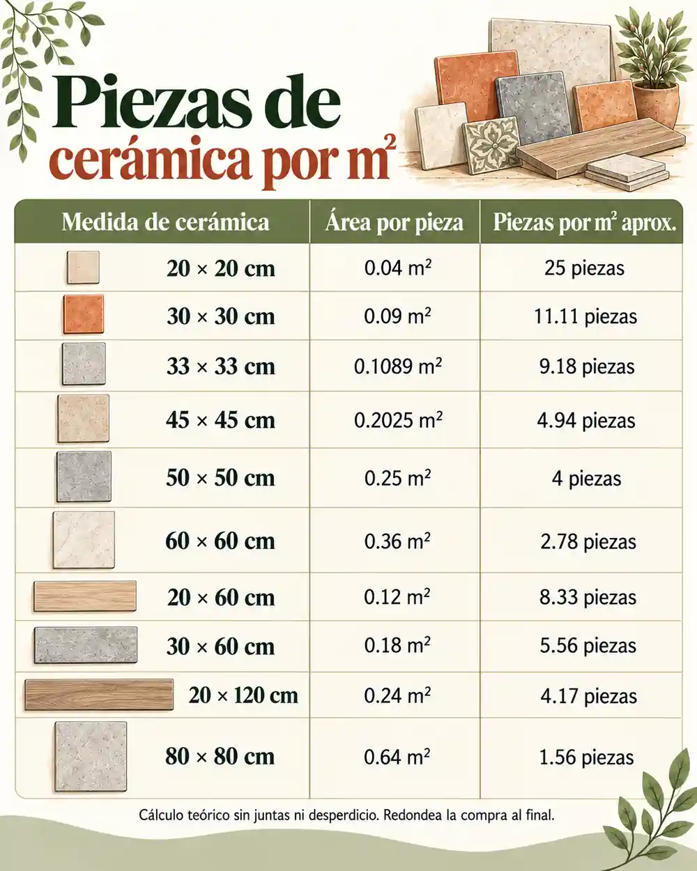Tabla rápida de piezas por m²