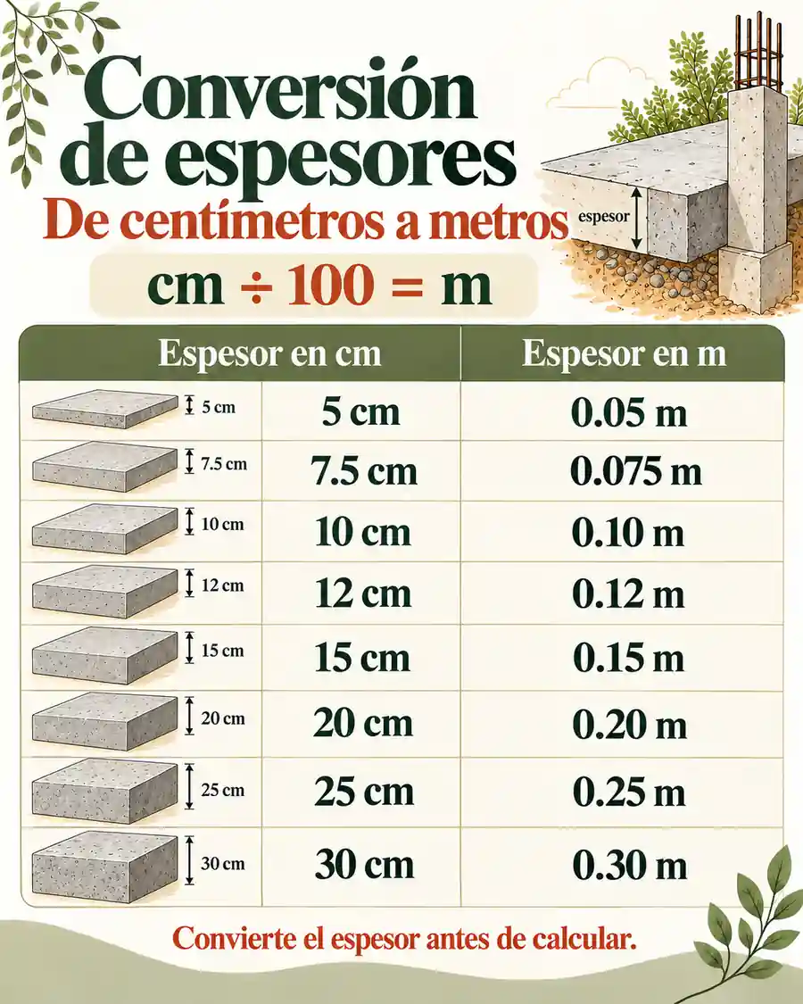 Conversión de espesores de centímetros a metros