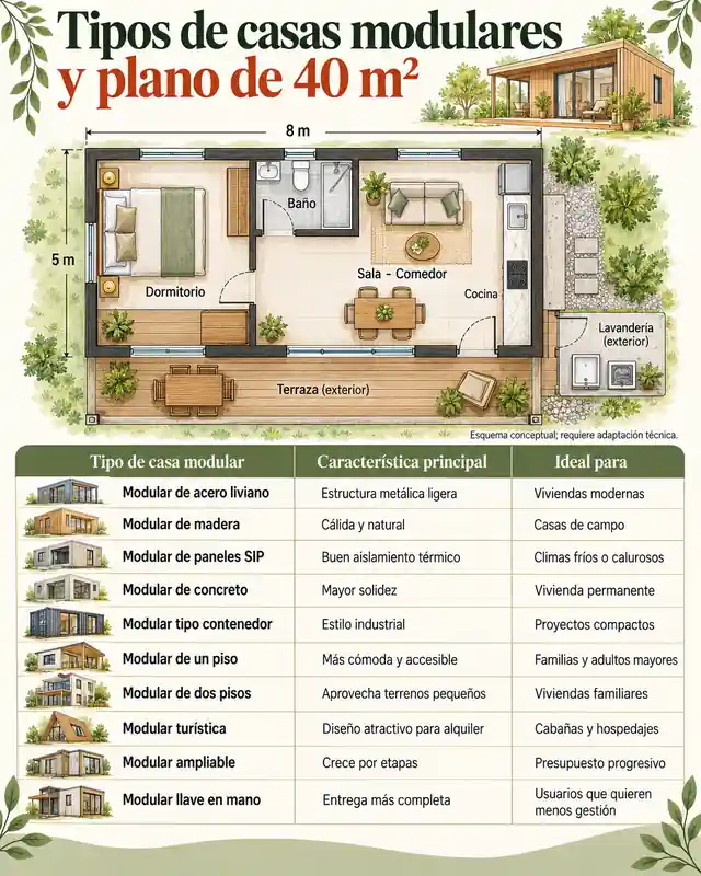 Tipos de casas modulares y plano de 40 m²