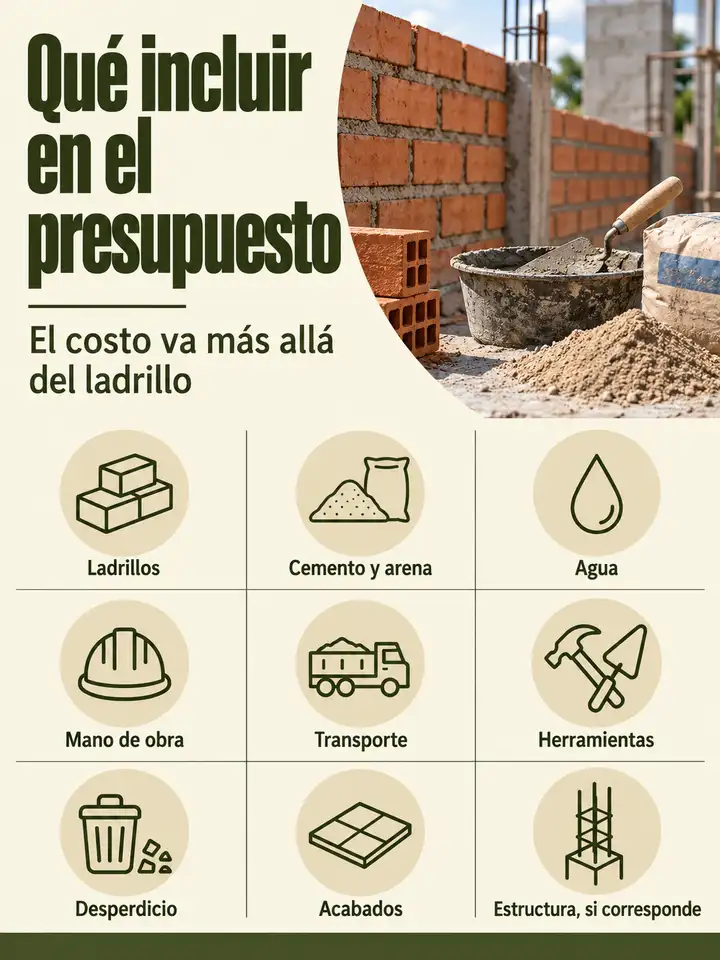 Materiales, mano de obra, transporte, herramientas, desperdicio, acabados y estructura del presupuesto.