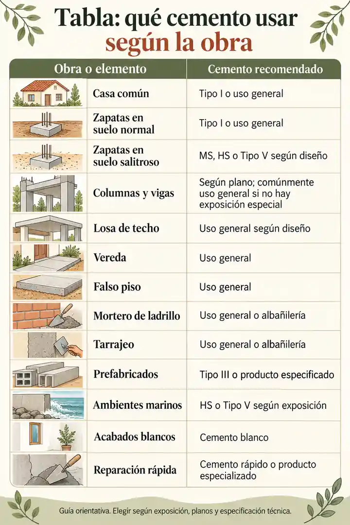Tabla: qué cemento usar según la obra