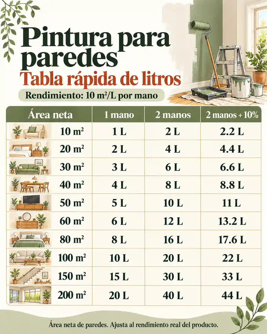 Tabla de litros de pintura para paredes
