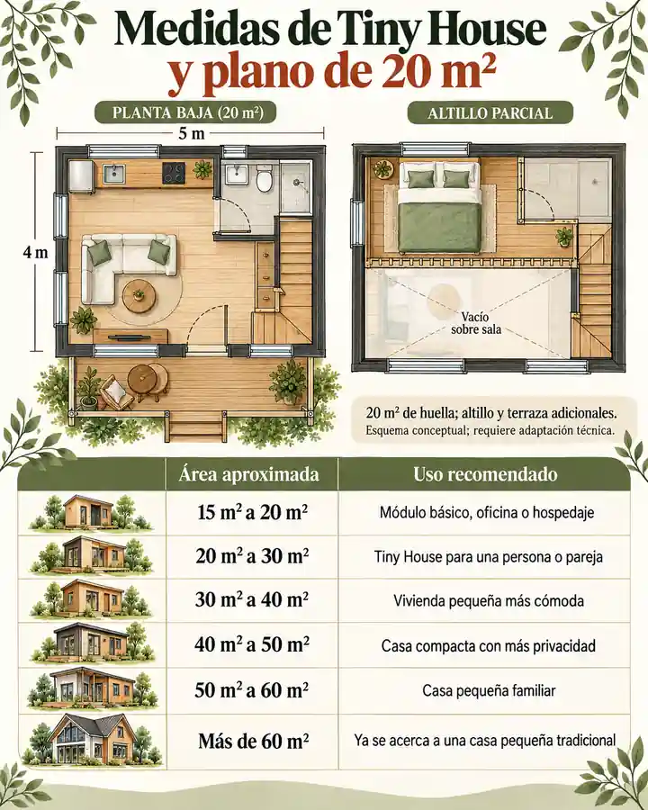 Medidas de Tiny House y plano de 20 m²