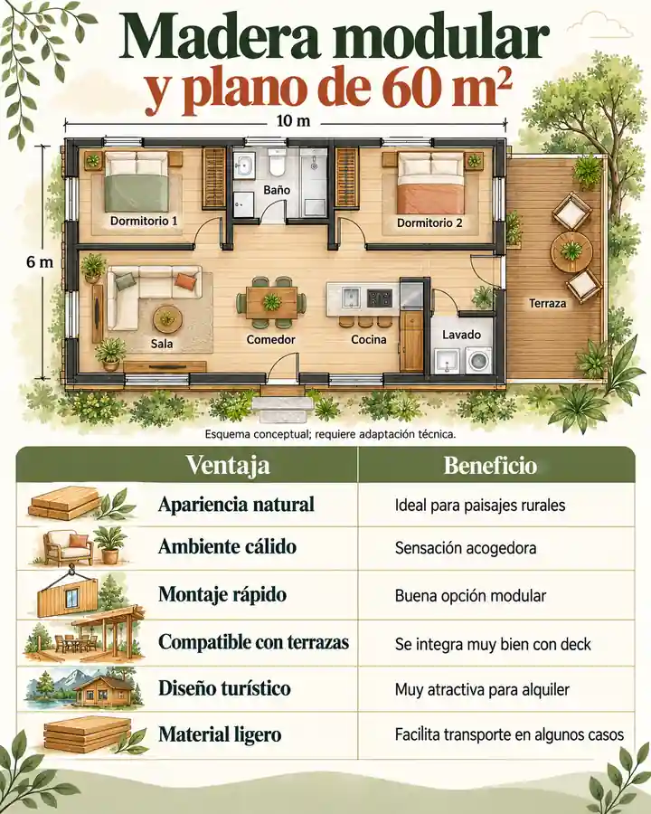 Madera modular y plano de 60 m²