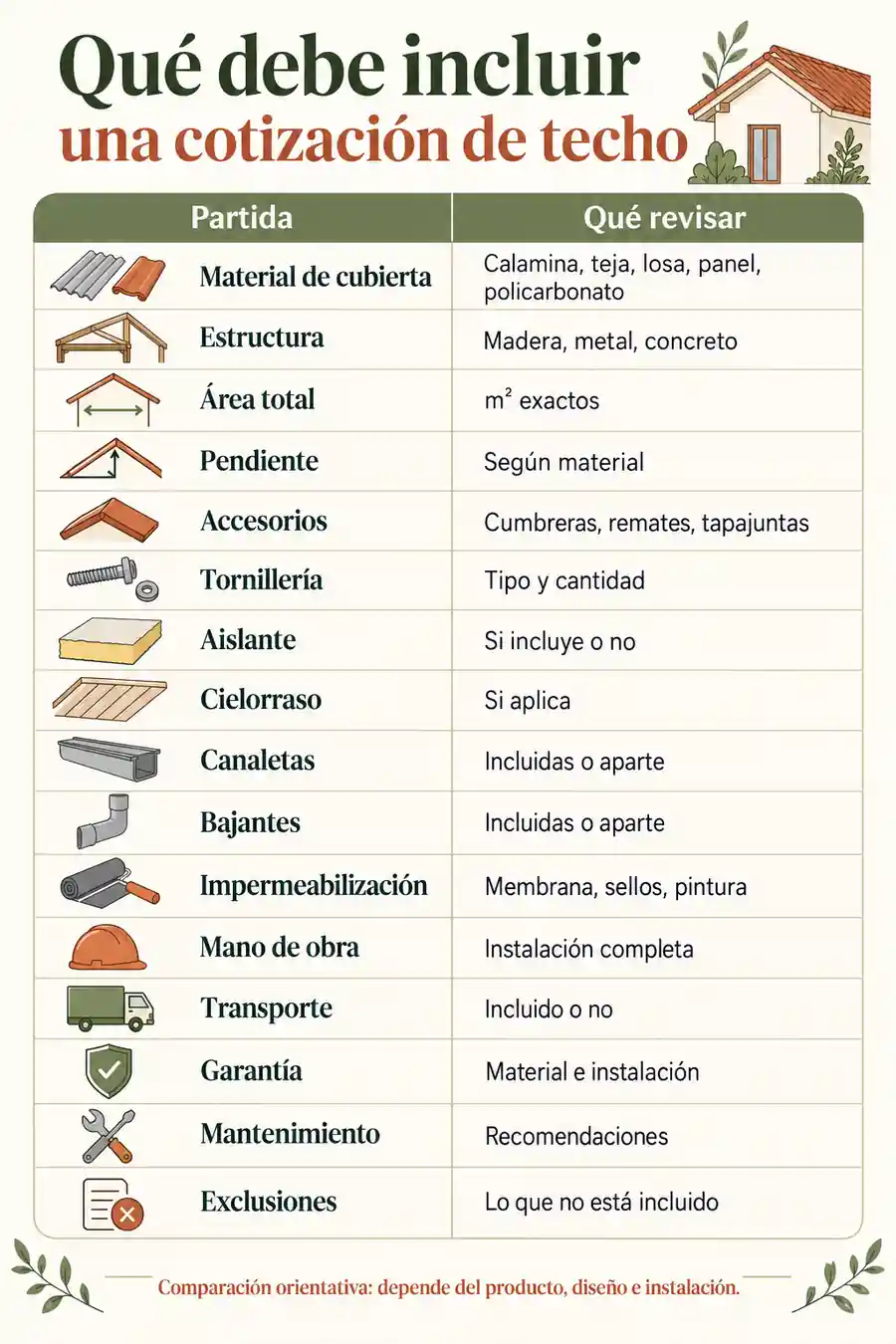 Qué debe incluir una cotización de techo