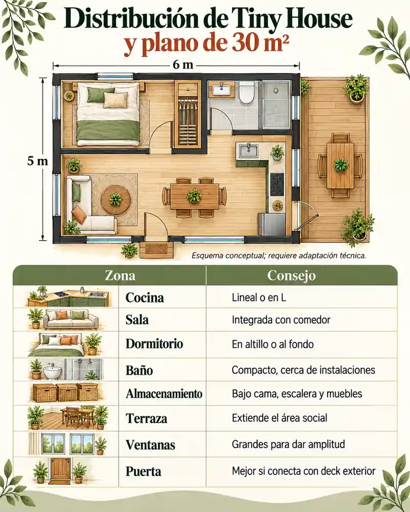 Distribución de Tiny House y plano de 30 m²