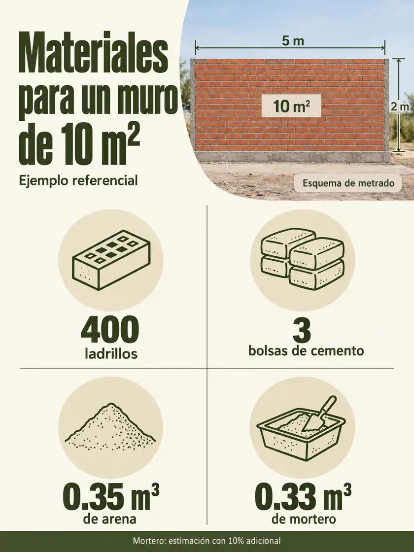 Esquema de muro de 5 por 2 m: 400 ladrillos, 3 bolsas de cemento, 0.35 m³ de arena y 0.33 m³ de mortero.