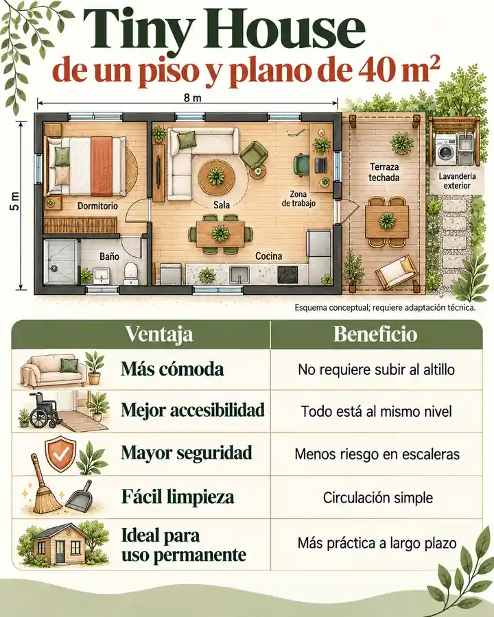 Tiny House de un piso y plano de 40 m²