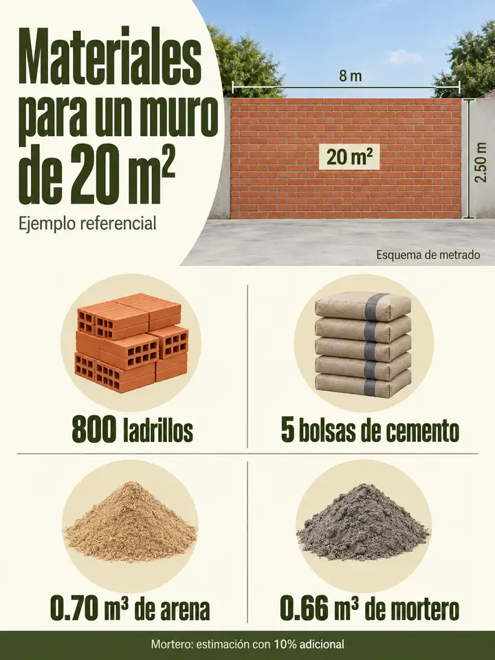 Esquema de muro de 8 por 2.50 m: 800 ladrillos, 5 bolsas de cemento, 0.70 m³ de arena y 0.66 m³ de mortero.