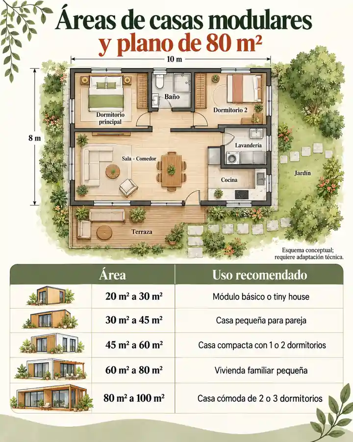 Áreas de casas modulares y plano de 80 m²