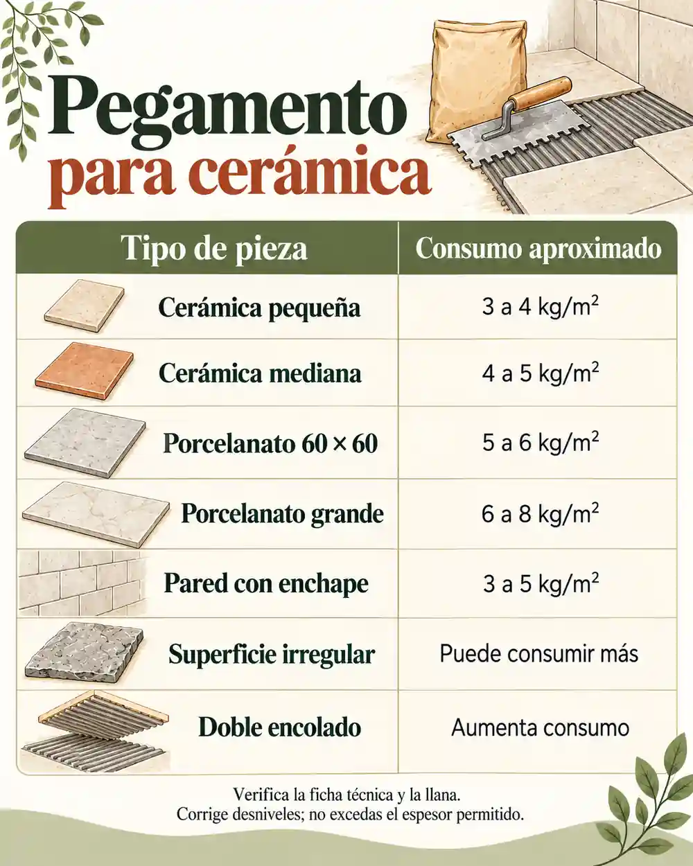 Tabla referencial de pegamento
