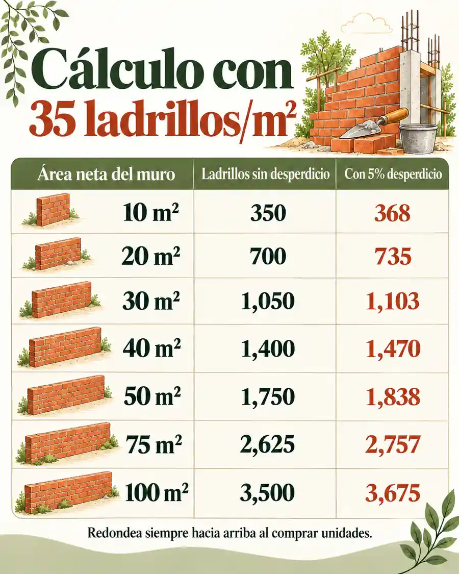 Tabla para 35 ladrillos por m²