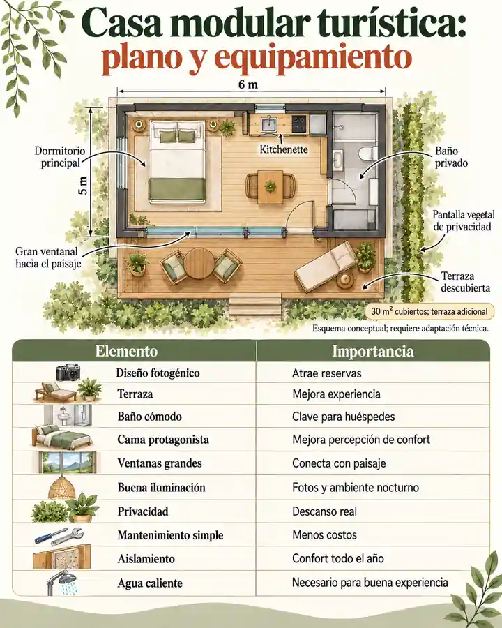 Casa modular turística: plano y equipamiento