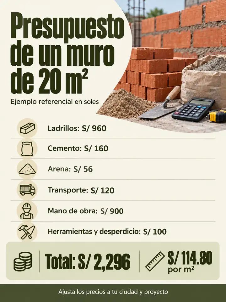 Presupuesto de ejemplo para 20 m²: total S/ 2,296, equivalente a S/ 114.80 por m².