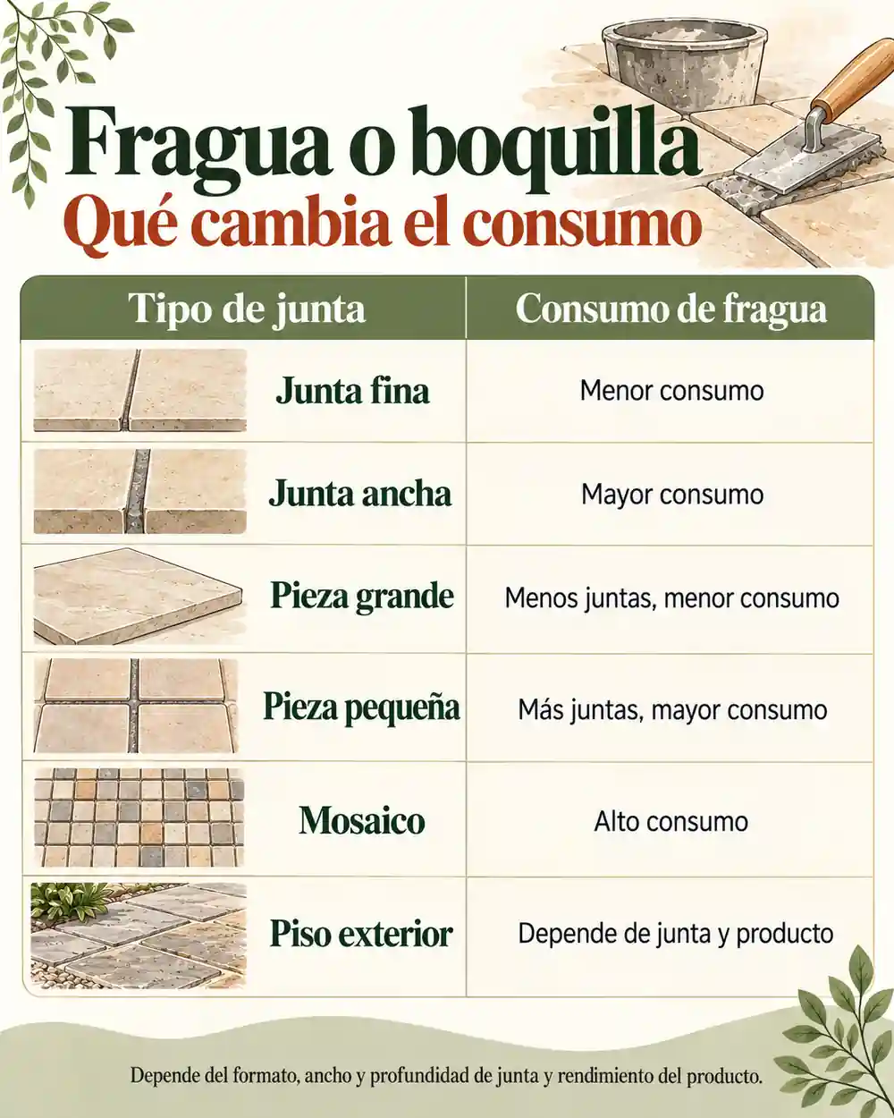 Consumo orientativo de fragua
