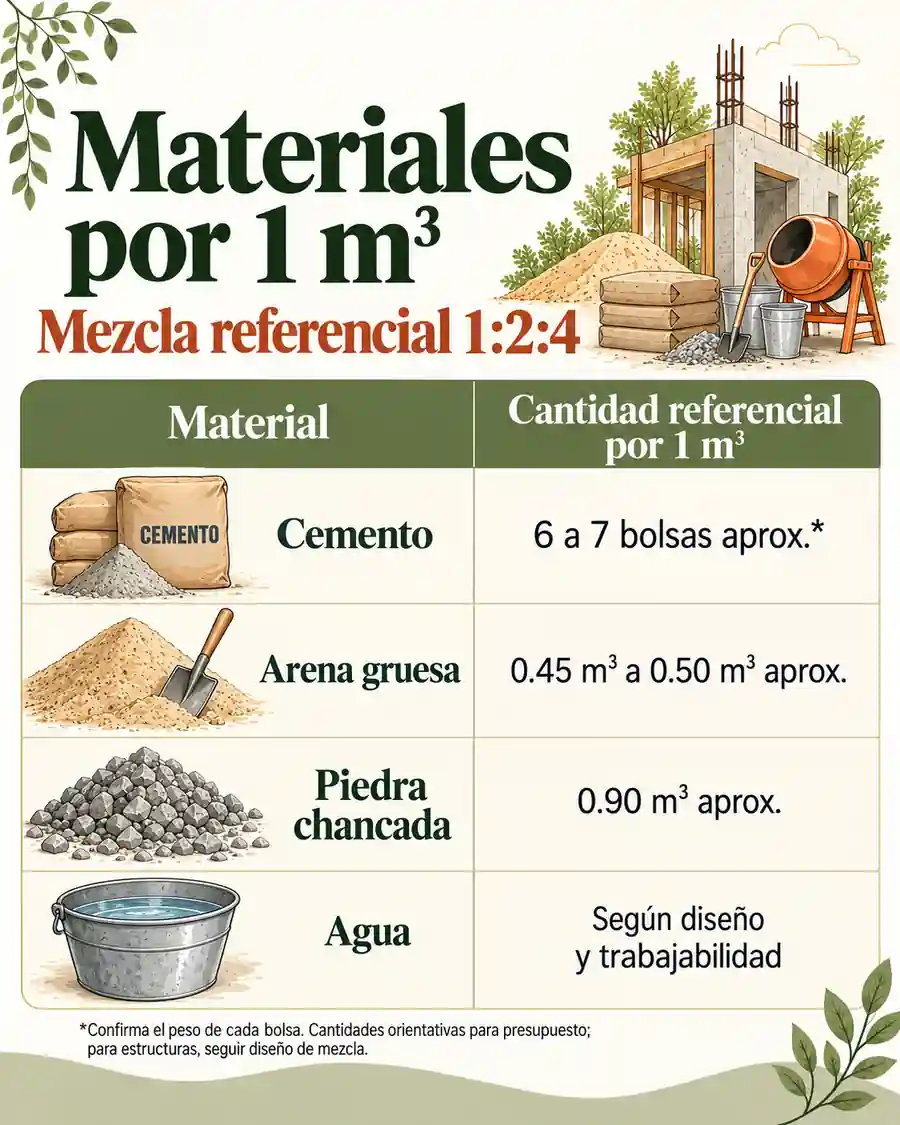 Materiales por m³ para mezcla 1:2:4