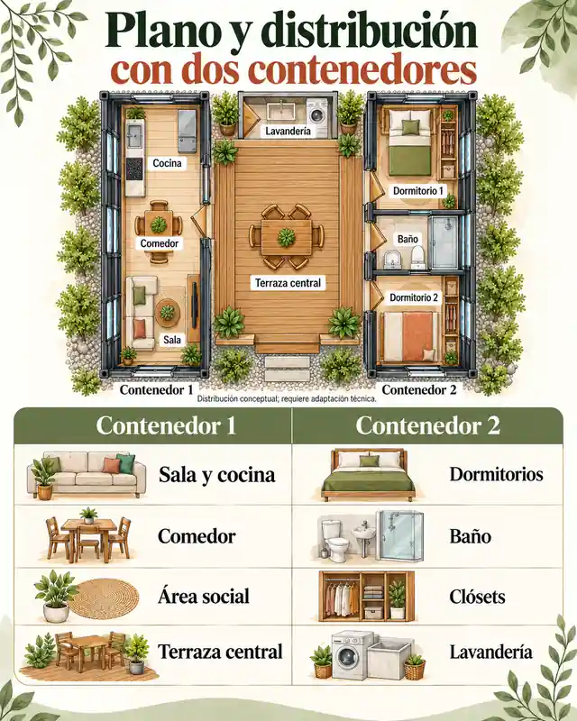 Plano y distribución con dos contenedores