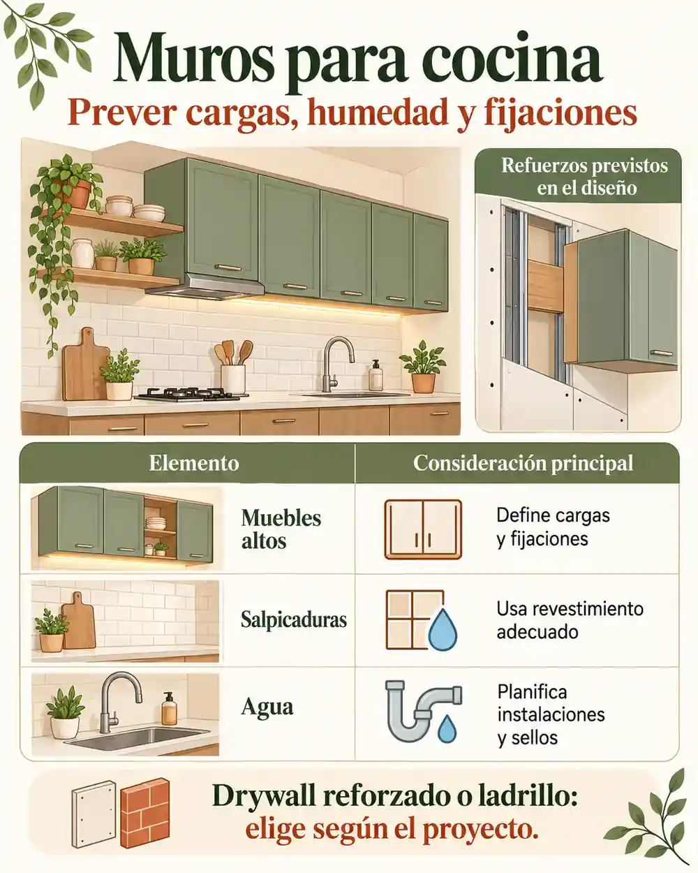 Drywall o ladrillo para cocina