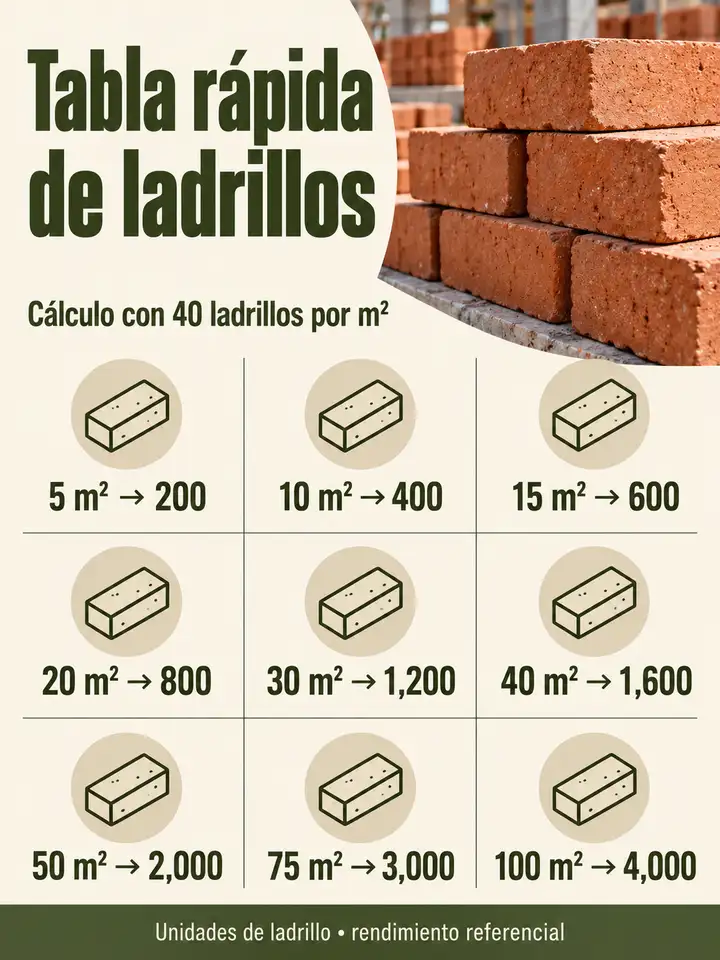 Tabla de cantidades de ladrillos para muros de 5 a 100 m², calculada con 40 unidades por m².