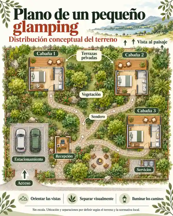 Plano conceptual de un terreno para glamping