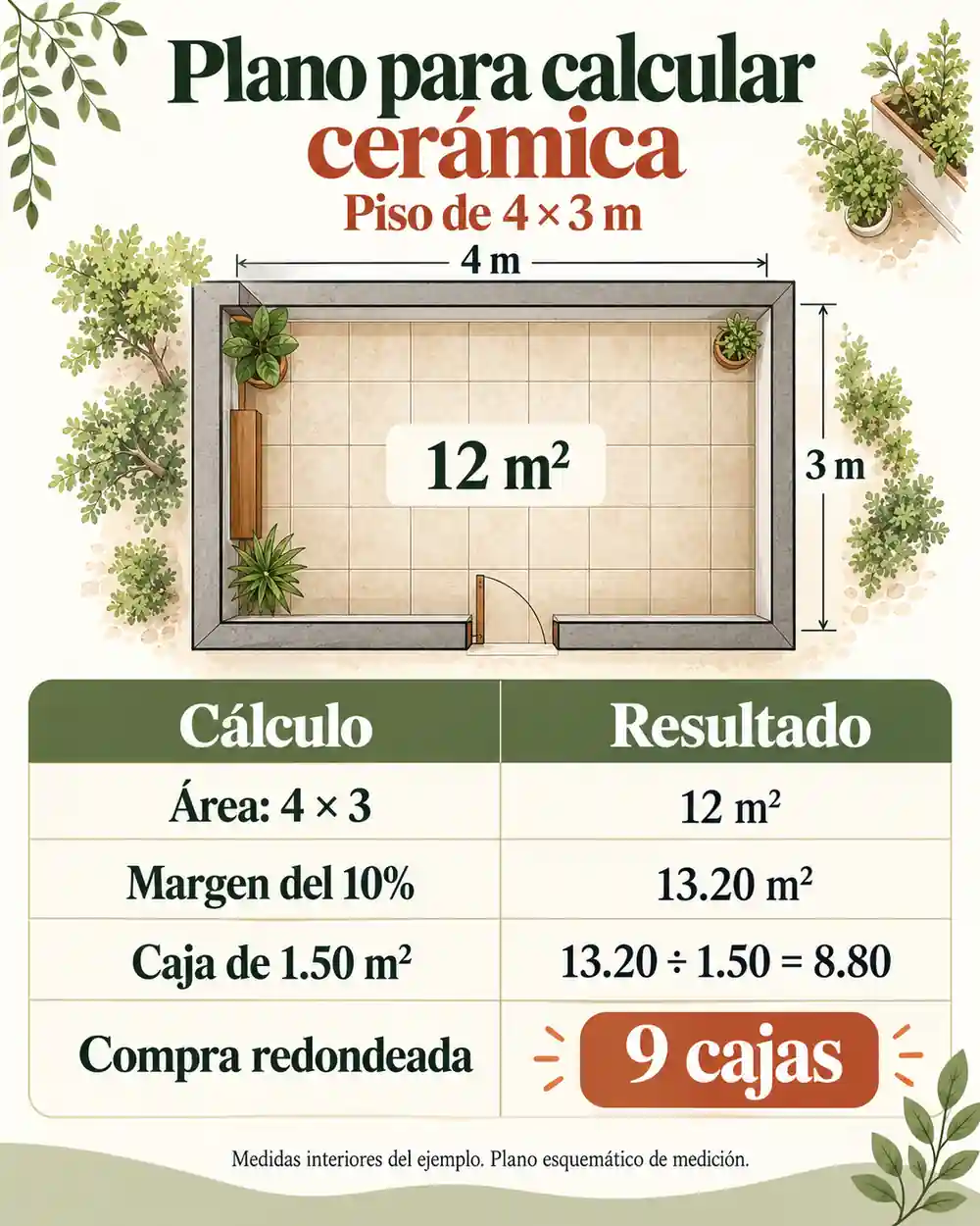 Plano para calcular cerámica en un piso de 4 × 3 m
