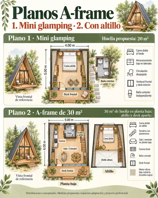 Planos conceptuales de mini A-frame y A-frame de 30 m²