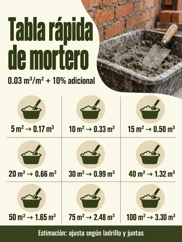 Tabla de mortero para muros de 5 a 100 m², con consumo de 0.03 m³ por m² y 10% adicional.