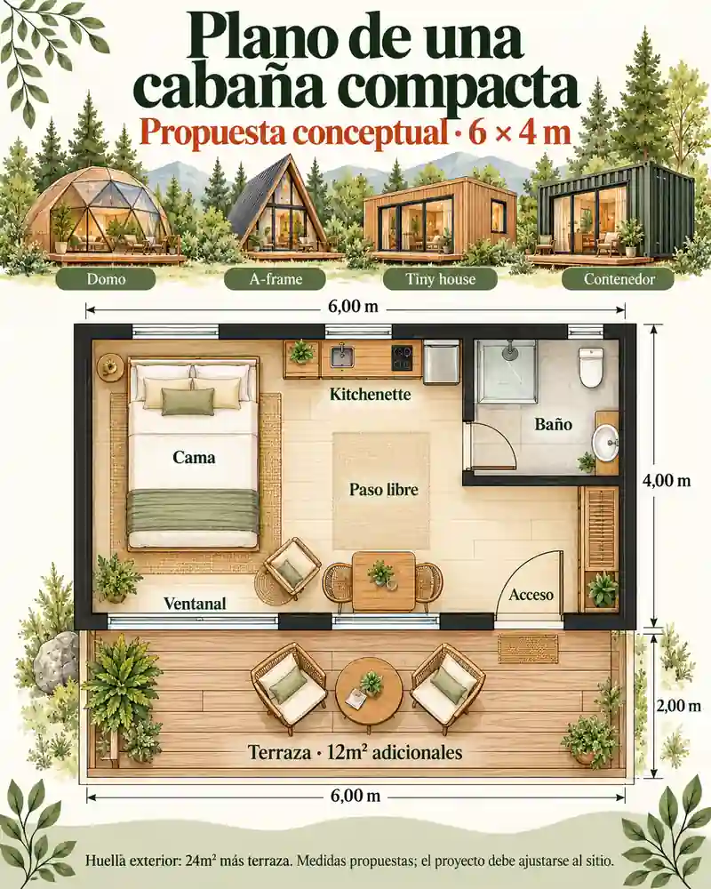 Plano interior de una cabaña compacta para glamping