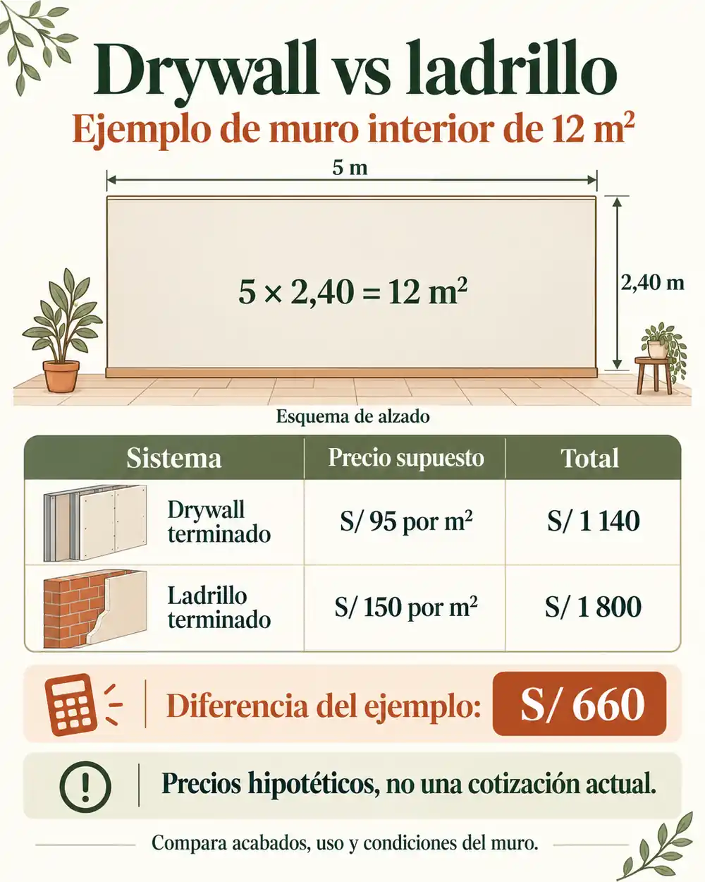 Ejemplo comparativo: muro interior de 12 m²