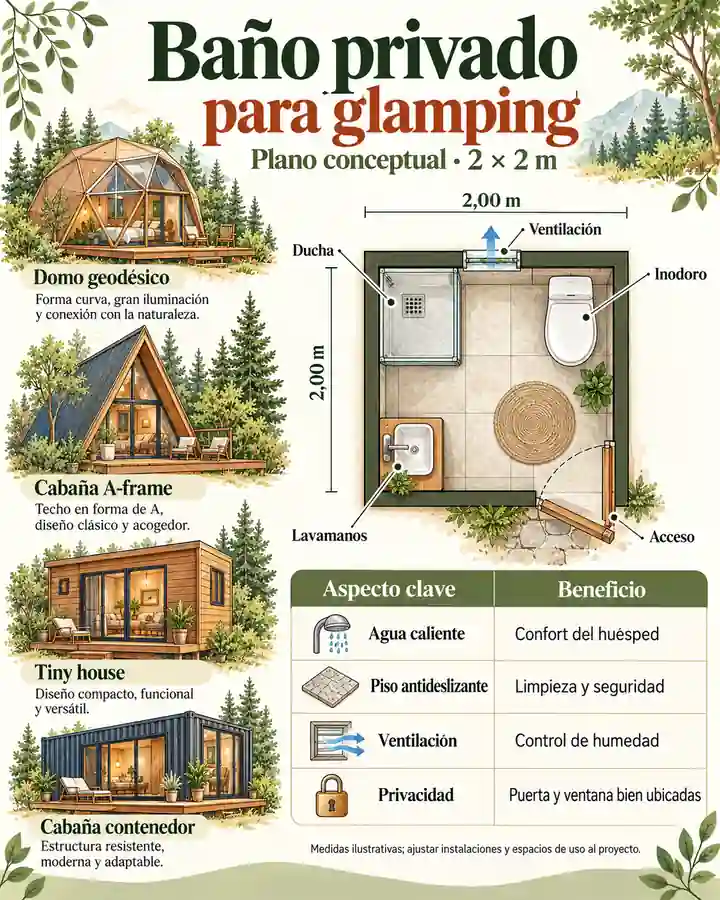 Plano conceptual de baño privado para glamping