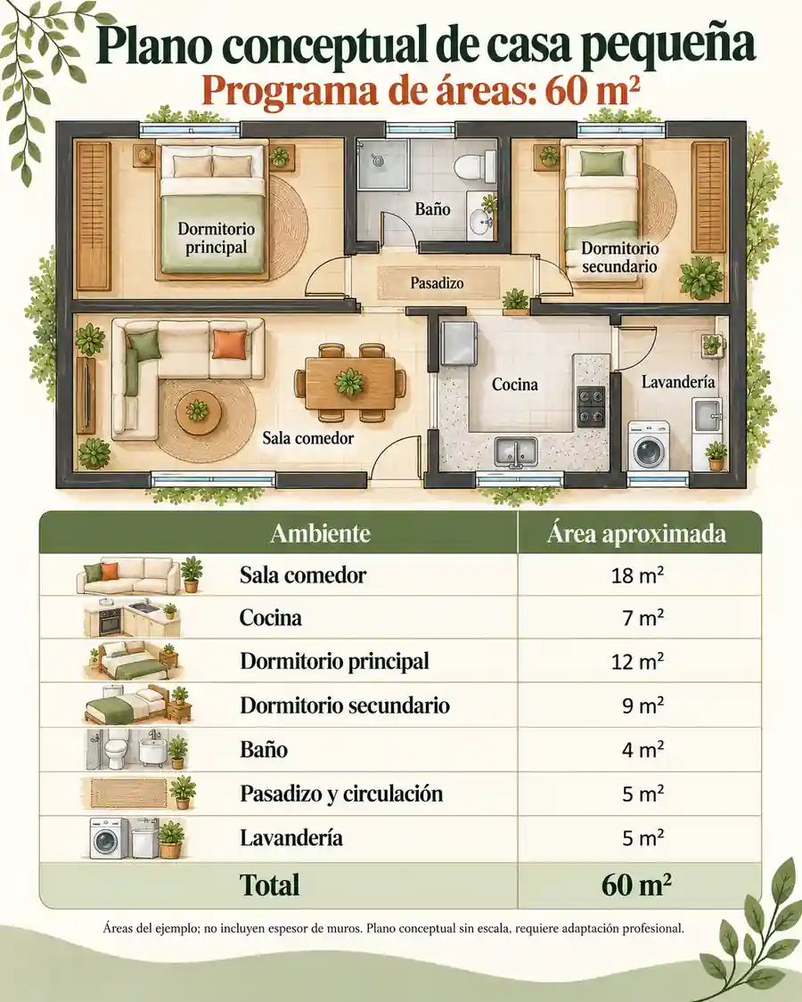 Plano conceptual y distribución de casa de 60 m²