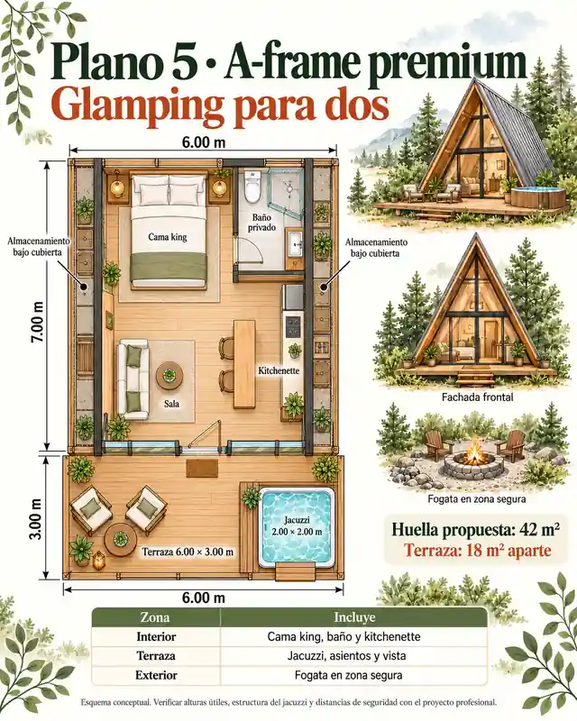 Plano conceptual de A-frame premium para glamping