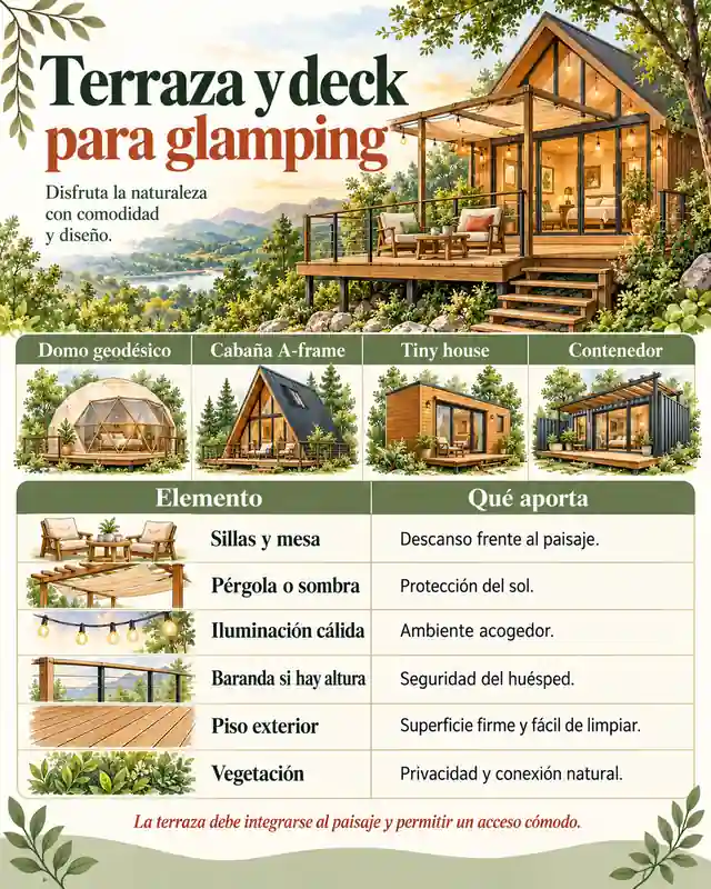 Terraza y deck para cabañas de glamping