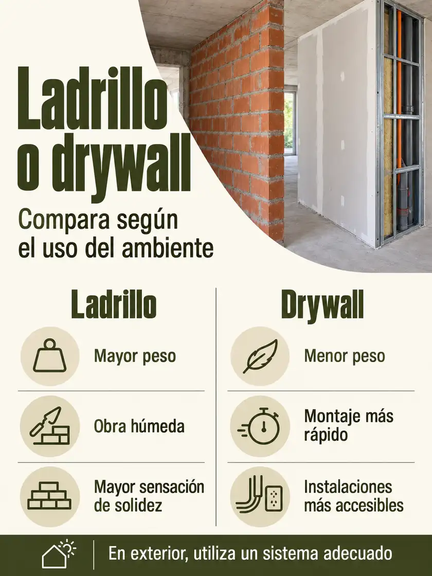 Comparación del peso, montaje y facilidad de instalaciones en divisiones de ladrillo y drywall.