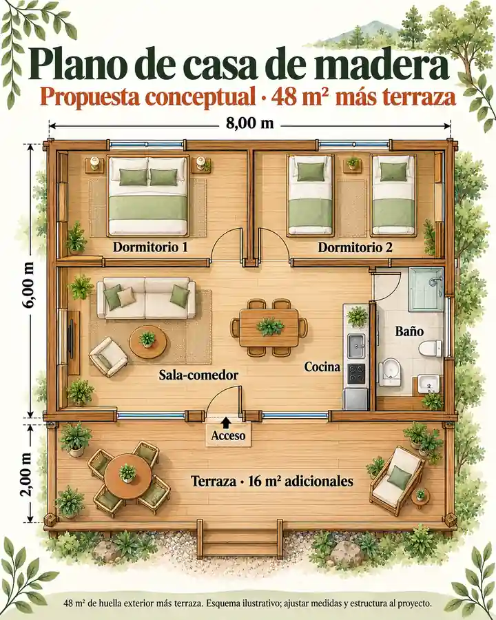 Plano conceptual de casa de madera de 48 m²