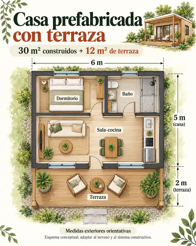 Plano conceptual de casa con terraza frontal