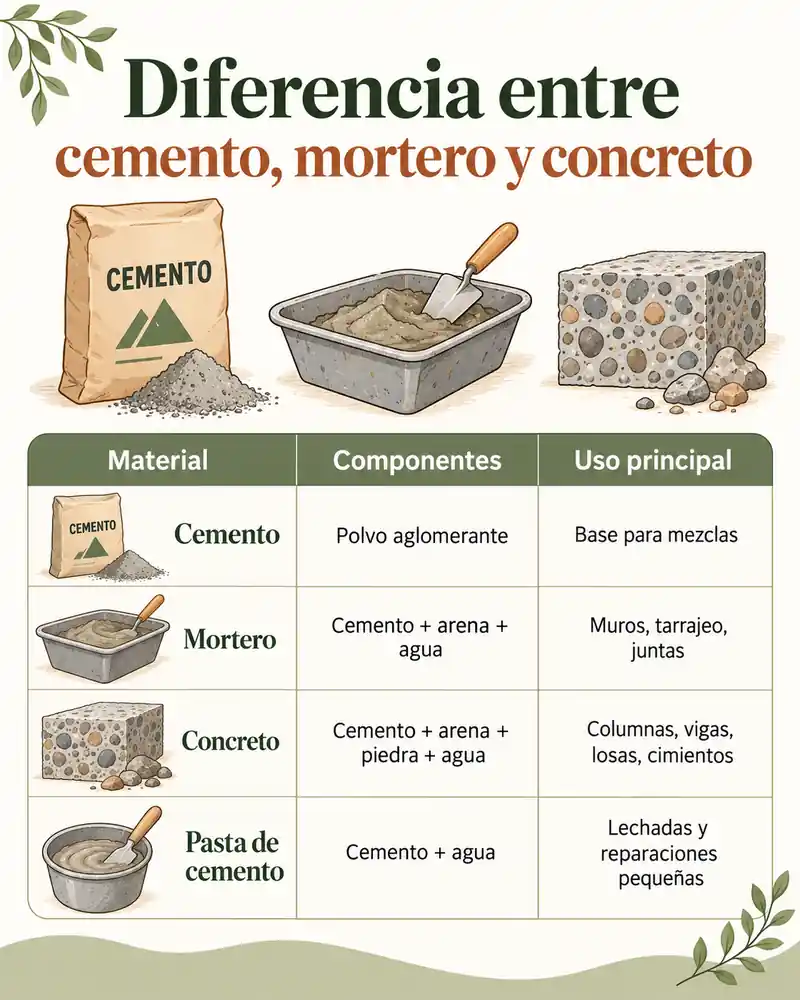 Diferencia entre cemento, mortero y concreto — infografía ilustrada
