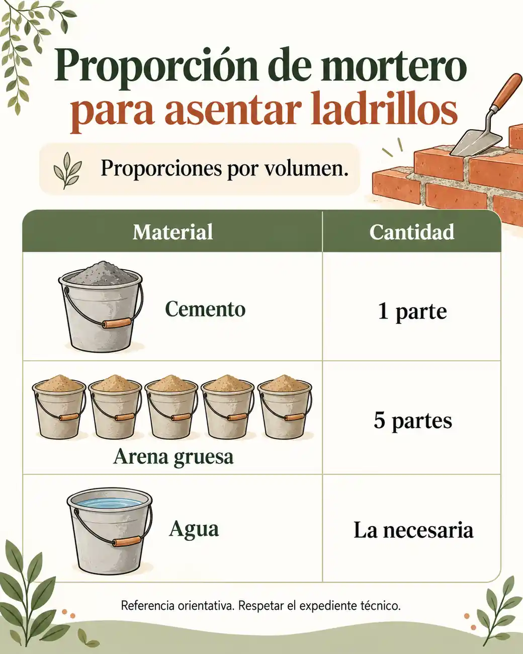 Proporción de mortero para asentar ladrillos — infografía ilustrada