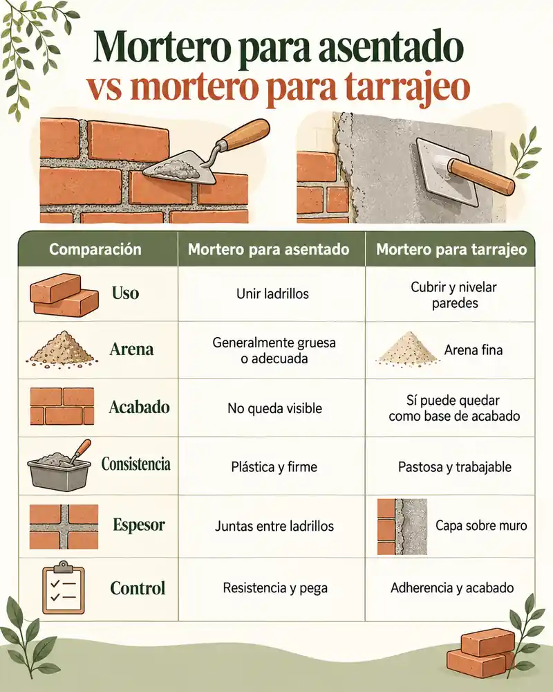 Mortero para asentado vs mortero para tarrajeo — infografía ilustrada