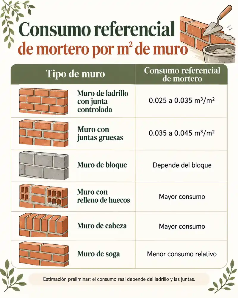 Consumo referencial de mortero por m² de muro — infografía ilustrada
