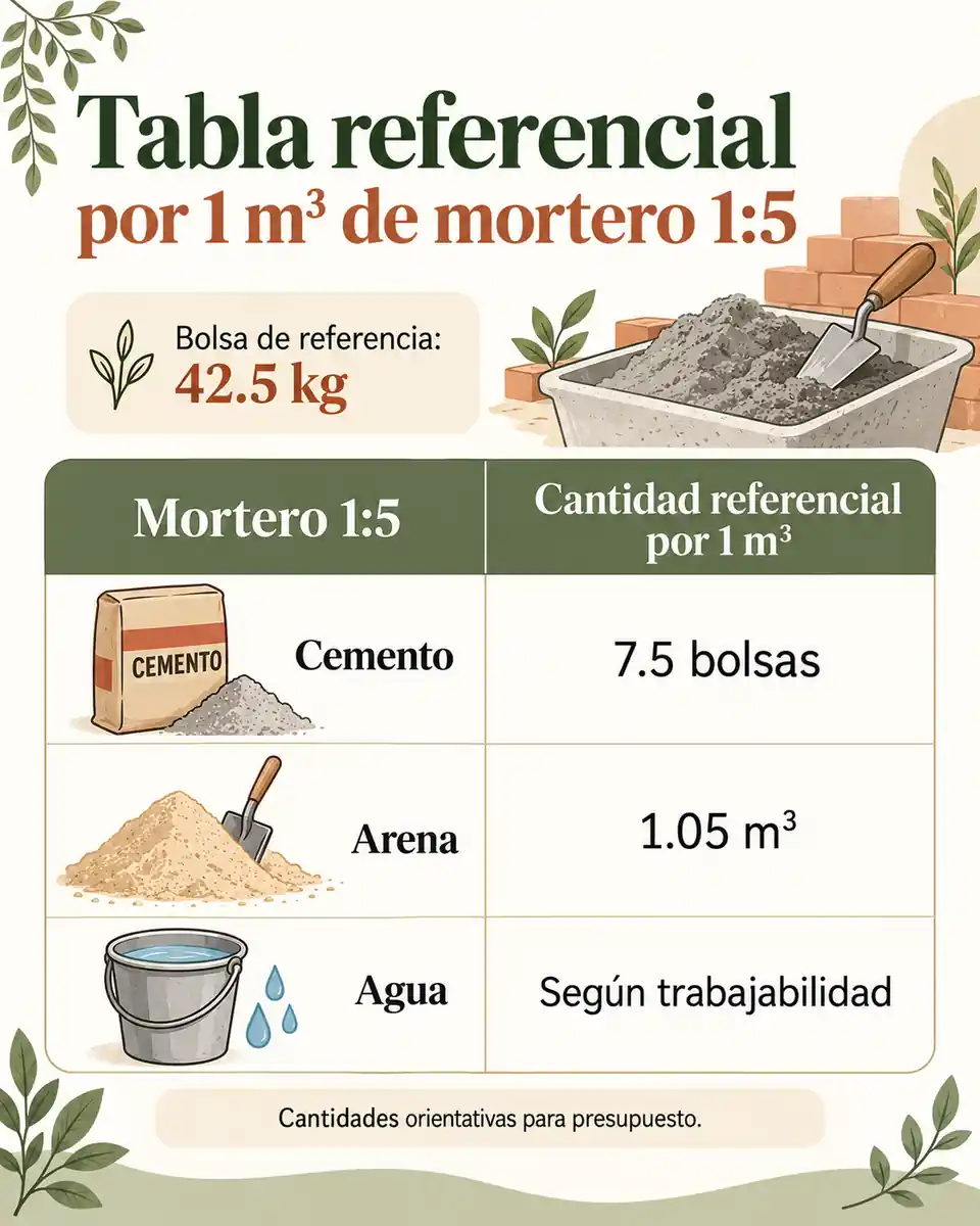 Tabla referencial por 1 m³ de mortero 1:5 — infografía ilustrada